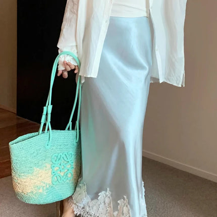 Elegant Satin Lace Long Skirt For Women High Waist A Line by zapcart