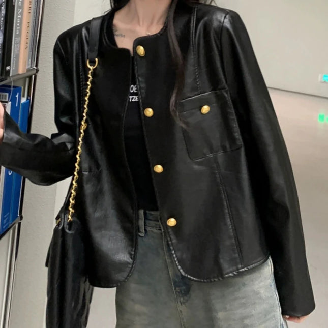 Black PU Leather Jacket For Women Short Spring Korean Chic by zapcart
