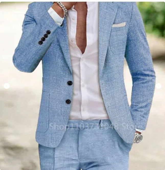 CN Zhejiang Men Linen Suit 2 Piece Set Slim Fit Wedding by zapcart