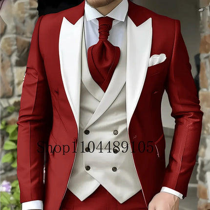 CN Jiangsu Men Slim Fit Wedding Three Piece Suit Peak Lapel by zapcart