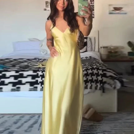 Yellow Satin Sling Maxi Dress Women Backless Evening Gown by zapcart