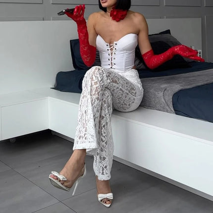 Women's Sexy High Waisted Wide Leg Pants Elastic Waist Lace by zapcart