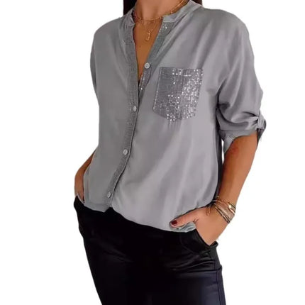 Women V-Neck Sequin Blouse Long Sleeve Chic Office Casual by zapcart