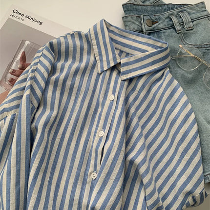 Blue Linen Striped Shirt for Women Summer Sun Blouse by zapcart