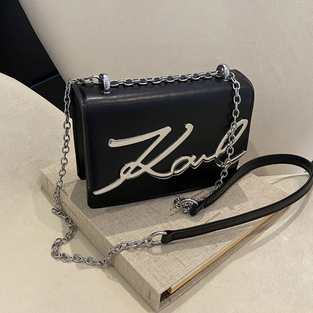 Fashionable Crossbody Bag Solid Color Shoulder Bag Metal Letter Logo ChainLink Strap Featuring Magnetic Button for Daily Use by zapcart
