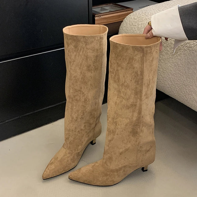 Liyke Autumn Knee High Boots Women Pointed Toe Low Heel by zapcart