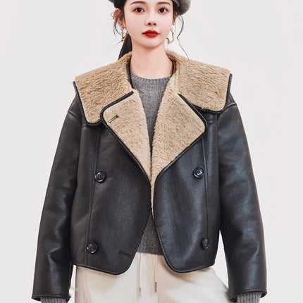 Women's Shearling Leather Jacket Double Breasted Aviator by zapcart