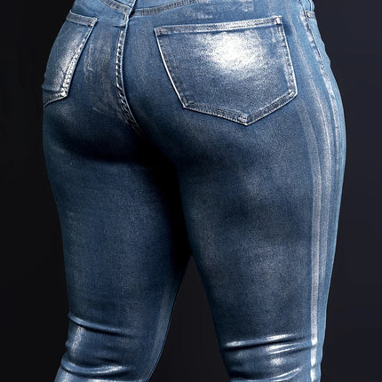 BKQU Women Pencil Pants Metallic Silver High Waist Denim by zapcart