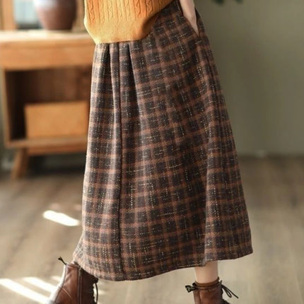 Qarkash Vintage Plaid Midi Skirt For Women High Waist Baggy by zapcart