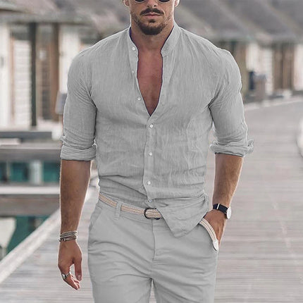 King Billion Men Cotton Linen Mandarin Collar Shirt Loose by zapcart