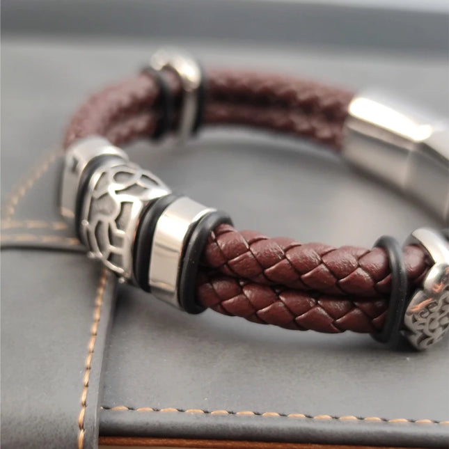 Brown Luxury 316L Stainless Steel Irregularly Cracked Man Bracelet Genuine Braided Leather Men's Jewelry Free Shipping Items by zapcart