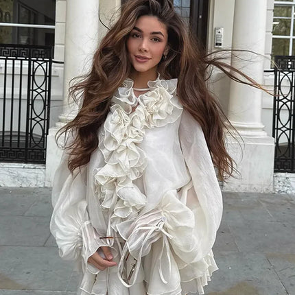 Elegant Ruffles Lace Up V Neck Mini Dress for Women by zapcart