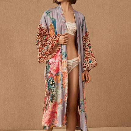 Peacock Print Beach Kimono For Women Self Belted Cover Up by zapcart