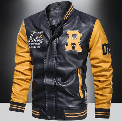 Men PU Leather Jacket Pilot Collar Moto Style Color Block by zapcart