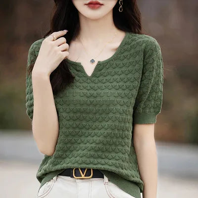 Women Pure Cotton Tee Summer Breathable V Neck Loose Fit by zapcart