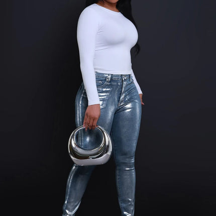 BKQU Women Pencil Pants Metallic Silver High Waist Denim by zapcart