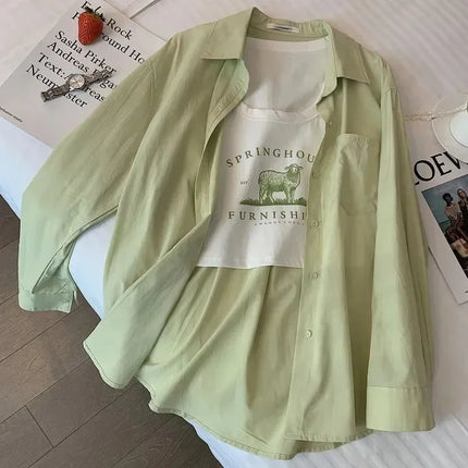 Lucyever Solid Color Long Sleeve Shirt Women SingleBreasted by zapcart