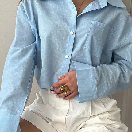 Blue Oversize Cotton Linen Shirt For Women Breathable by zapcart