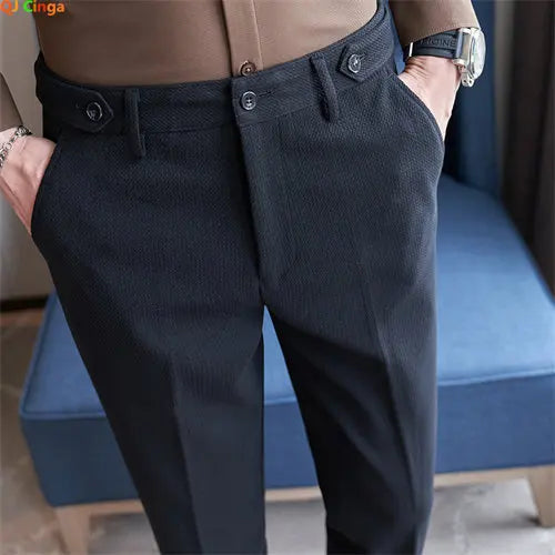 Mens Slim Fit Suit Pants By Qj Cinga Navy Casual Trousers by zapcart