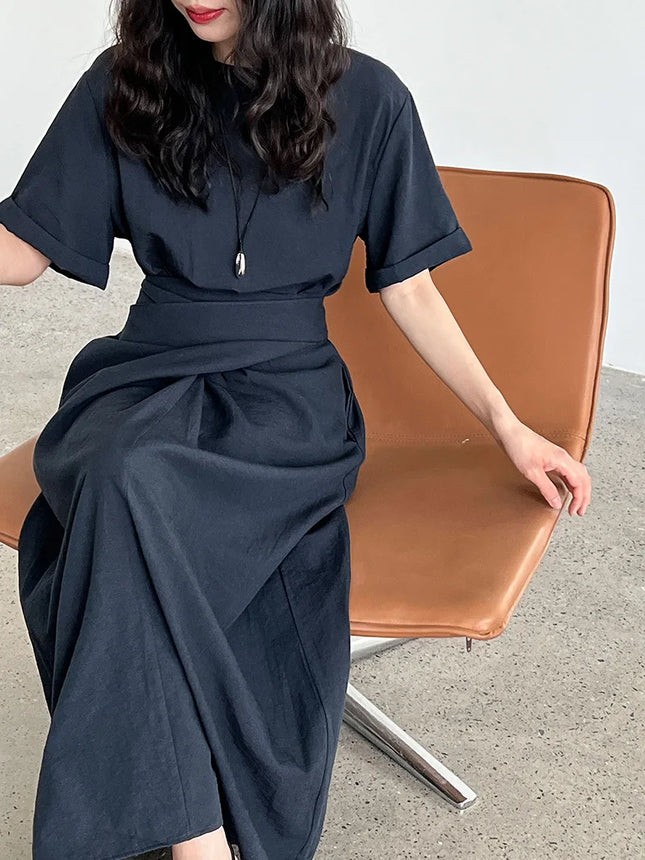 Cross Tie Short Sleeve Tee Dress Slimming Ladies Everyday by zapcart