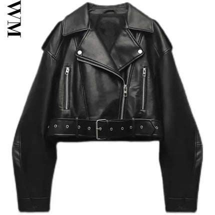 TRAF Women Oversized Vintage Faux Leather Jacket With Belt by zapcart