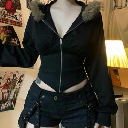 Vintage Punk Hoodies Y2k Crop Top Sexy Streetwear Gothic Grunge Women's Zipper Hooded Winter Slim Coat Hot Girl Aesthetic Hoody by zapcart