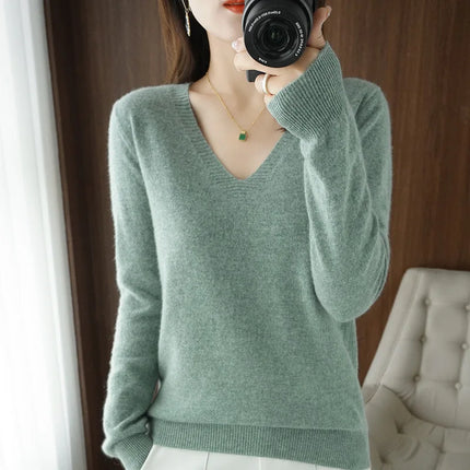 Women V Neck Knit Sweater Slim Fit Soft Knitwear Winter by zapcart