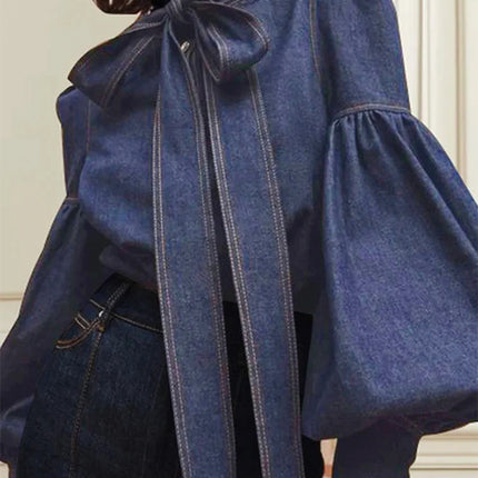Gymystars Denim Blouse For Women Bow Embellished High Neck by zapcart