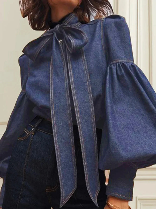 Gymystars Denim Blouse For Women Bow Embellished High Neck by zapcart