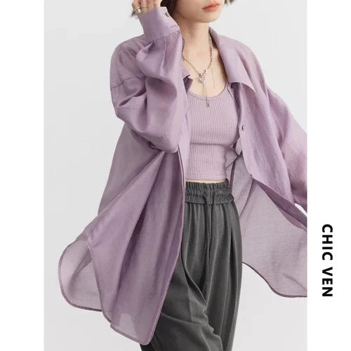 Chic Ven Women Shirts Loose Transparent Summer Tops by zapcart