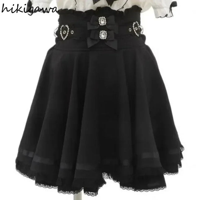 Hikigawa Japanese Women Skirt Patchwork Lace Bow A Line by zapcart