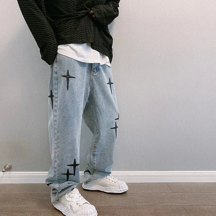 Hengscarying Mens Loose Wide Leg Denim Cargo Jeans Star by zapcart
