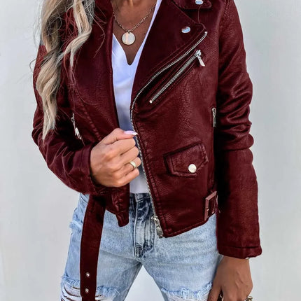 Women PU Leather Coat Slim Fit Streetwear Jacket Zipper by zapcart