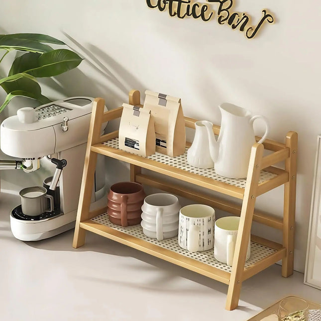 2 Tier Wicker-Look Coffee Station Organizer, Bamboo Mug Holder Countertop, Kitchen Counter Shelf for Tea Coffee Bar Accessories by zapcart