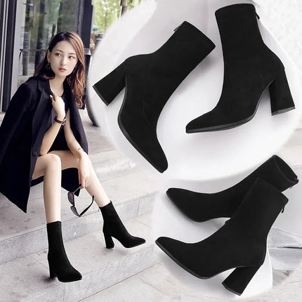 YBQJOOCN Ankle Chunky Chelsea Boots Women Suede Pointed