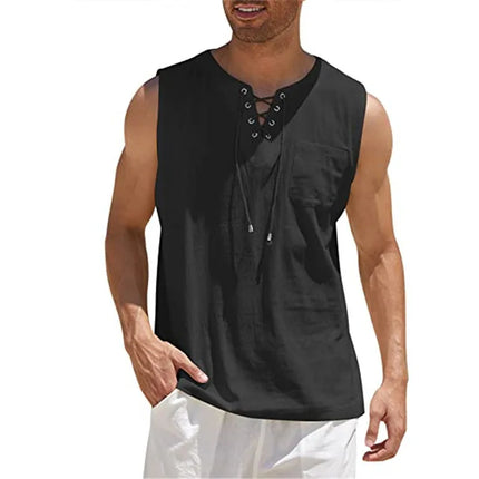 Mens Casual Sleeveless Vest With Lace Up V Neck Realxizicn by zapcart