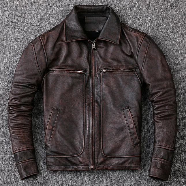 Men's Genuine Cowhide Leather Jacket Vintage Motorcycle by zapcart