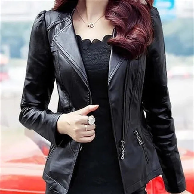 Ladies PU Leather Jacket 2024 Slim Zipper Plus Size Fashion by zapcart