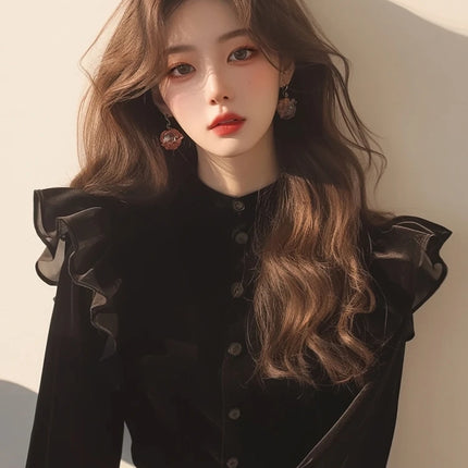 Black Velvet Blouse For Women Ruffled Stand Neck Top by zapcart