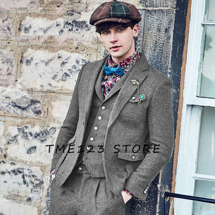 Mens Herringbone Wool 3 Piece Suit By CN Jiangsu Slim Fit by zapcart