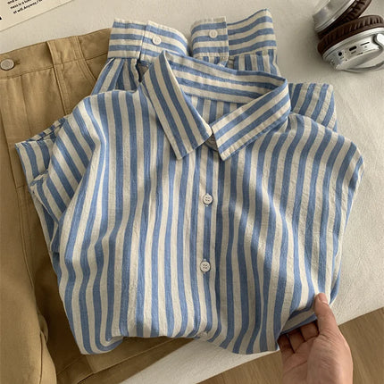 Blue Linen Striped Shirt for Women Summer Sun Blouse by zapcart