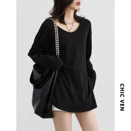 Chic Ven Women T Shirts Loose Casual U Neck Long Sleeve Top by zapcart