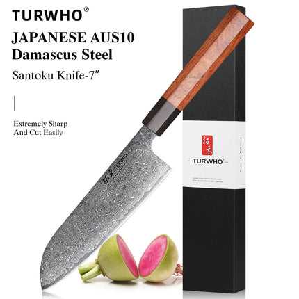 TURWHO Hand Forged Japanese Santoku Knife Damascus Steel Pro