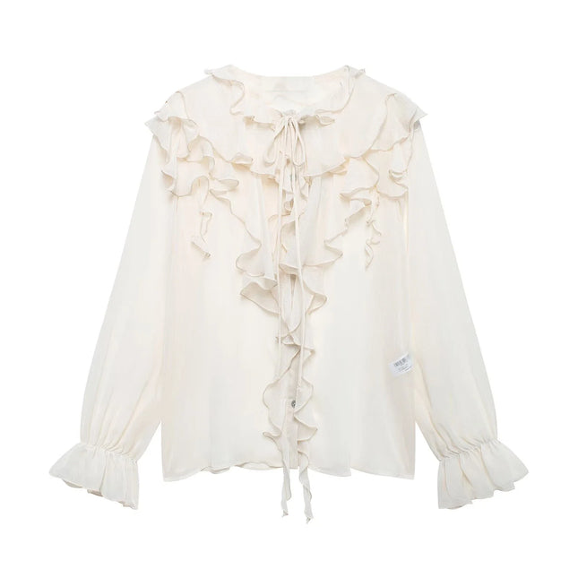 Tangada Women Ruffles Chiffon Shirt Breathable Loose Fit by zapcart
