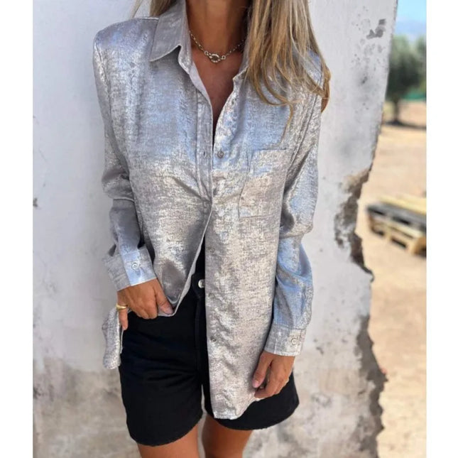Shinny Golden Long Sleeve Blouse For Women Vintage Loose by zapcart