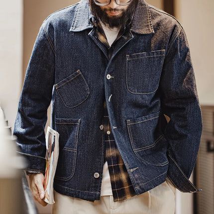 Maden Vintage Denim Coat For Men Four Pocket Asymmetrical by zapcart