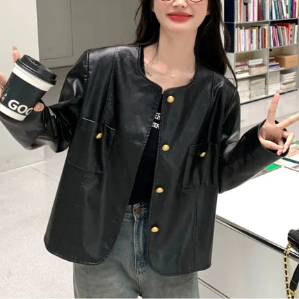 Black PU Leather Jacket For Women Short Spring Korean Chic by zapcart