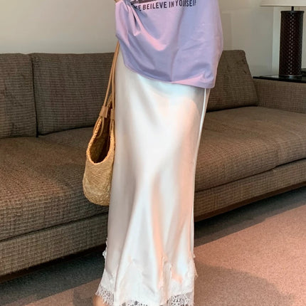 Elegant Satin Lace Long Skirt For Women High Waist A Line by zapcart