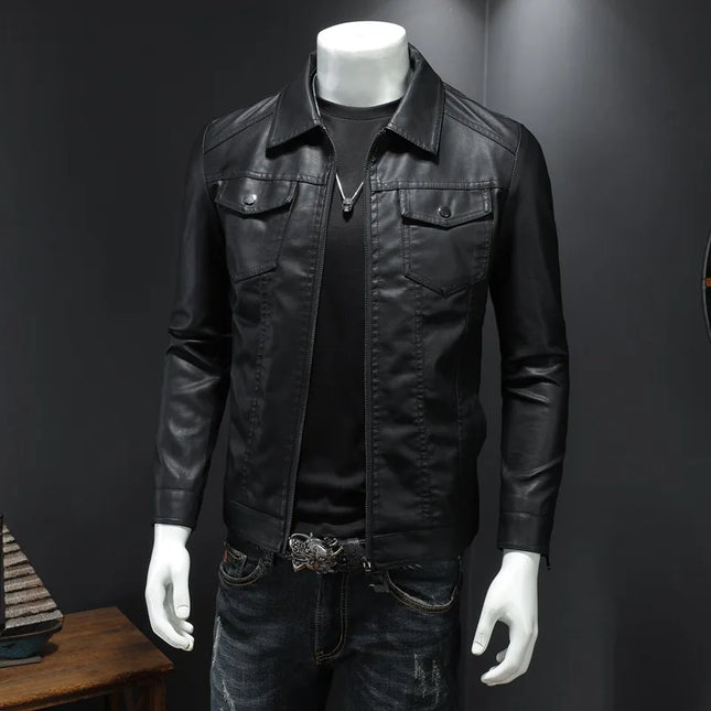 Motorcycle Leather Jacket Men Slim Fit With Pocket Korean by zapcart