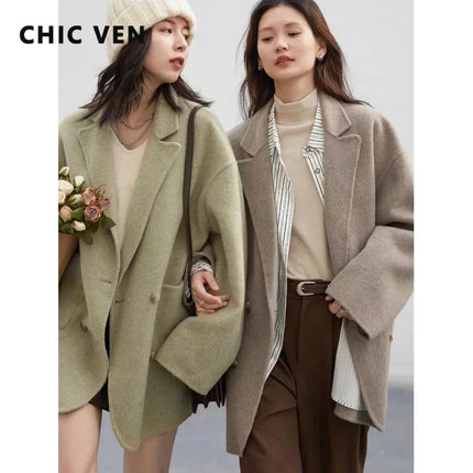 Chic Ven Womens Woolen Coat Double Breasted Office Ready by zapcart